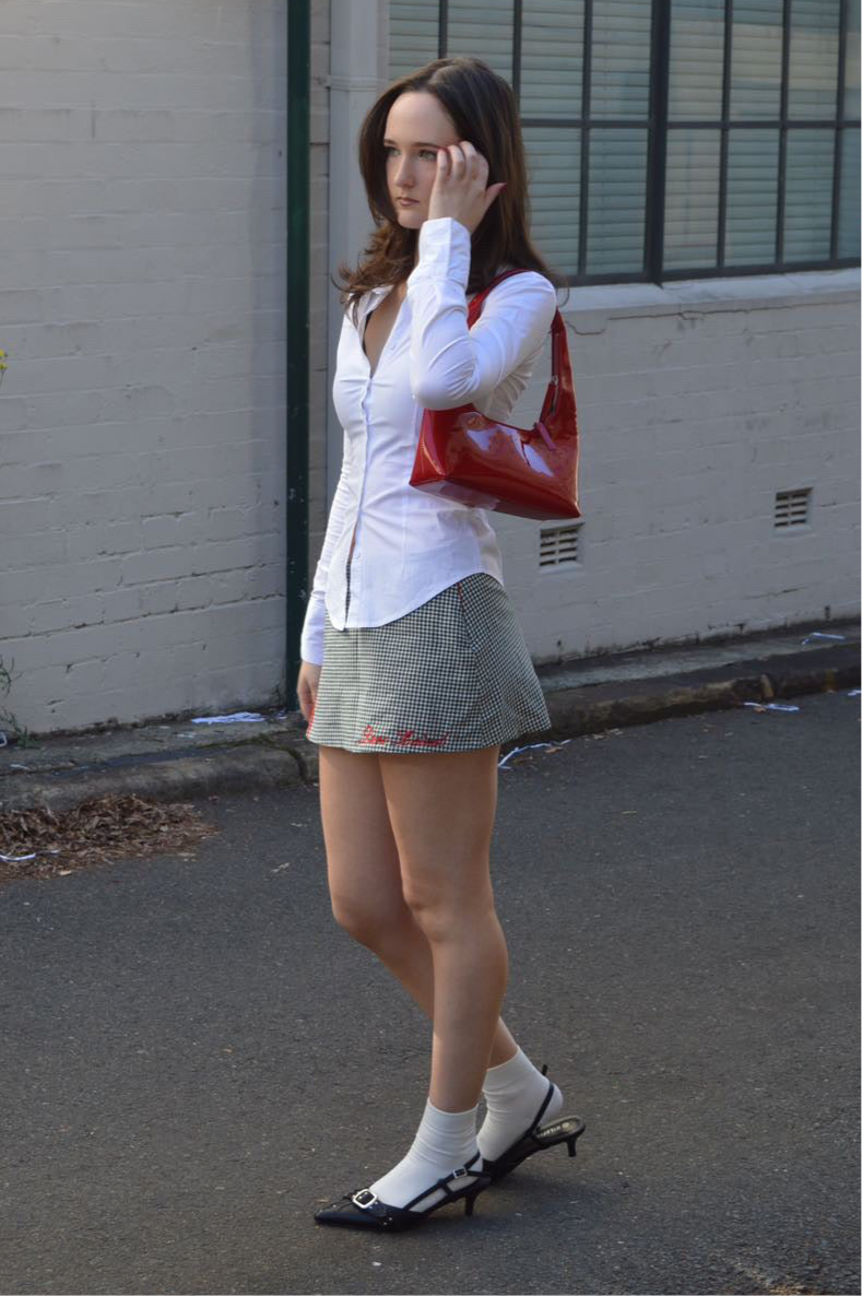 gingham mini skirt with red lace trimming and red embroidery