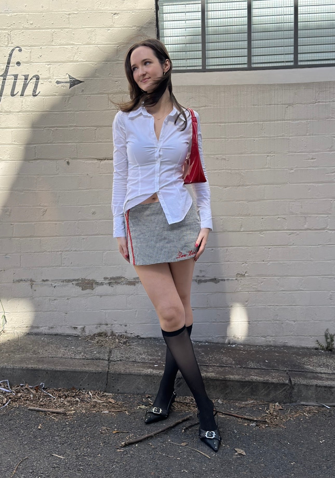 gingham mini skirt with red lace trimming and red embroidery